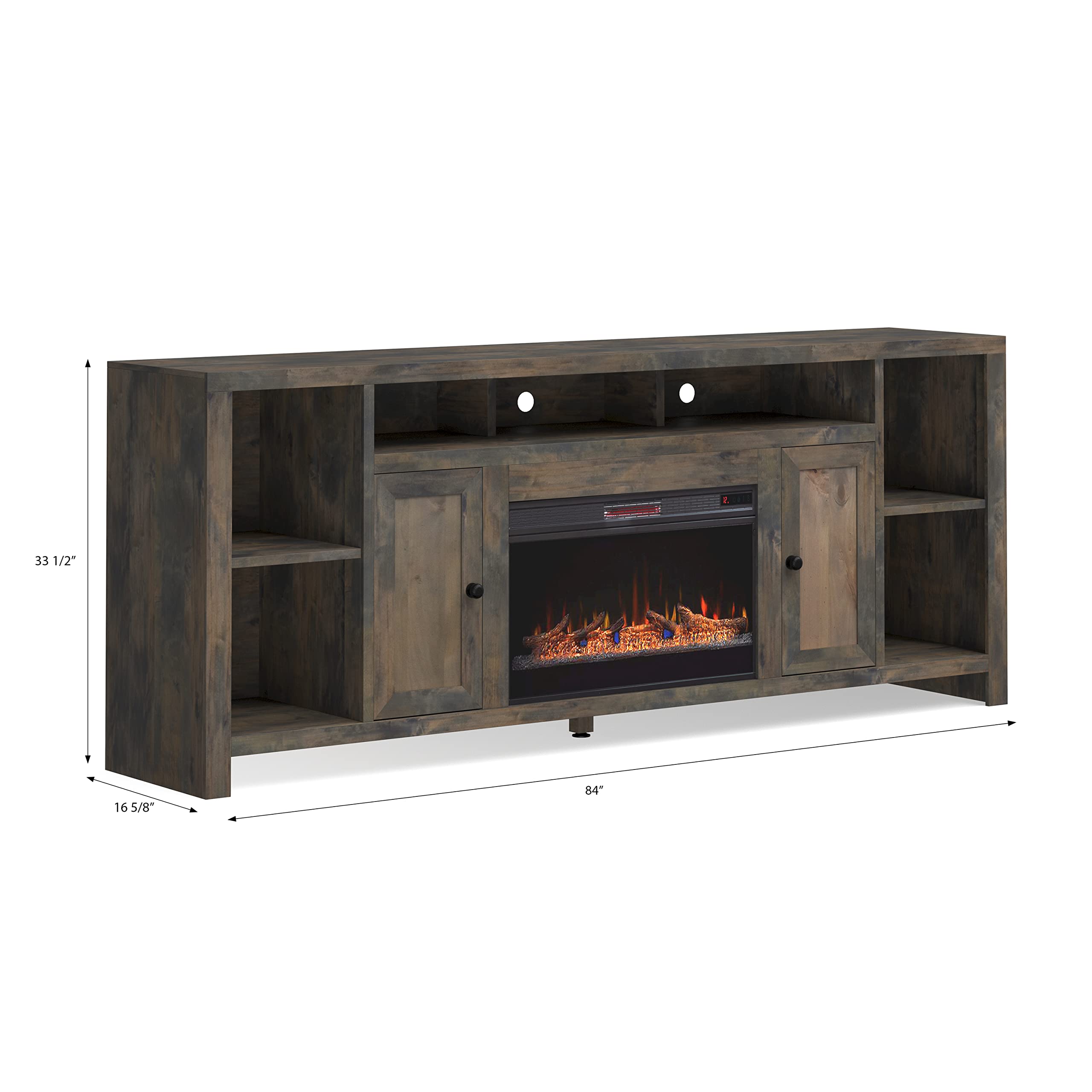 Bridgevine Home Rustic Joshua Creek Fireplace TV Stand Entertainment Center, Accommodates TVs up to 95 Inches, Fully Assembled Knotty Alder Solid Wood, 84 Inches, Barnwood Finish