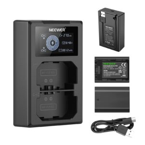 neewer np-fz100 replacement battery charger kit, compatible with sony a7iv, a1, a9ii, a9, a7siii, a7riv, a7riii, a7iii, 2 packs li-ion 2280mah batteries, dual usb charger with lcd display