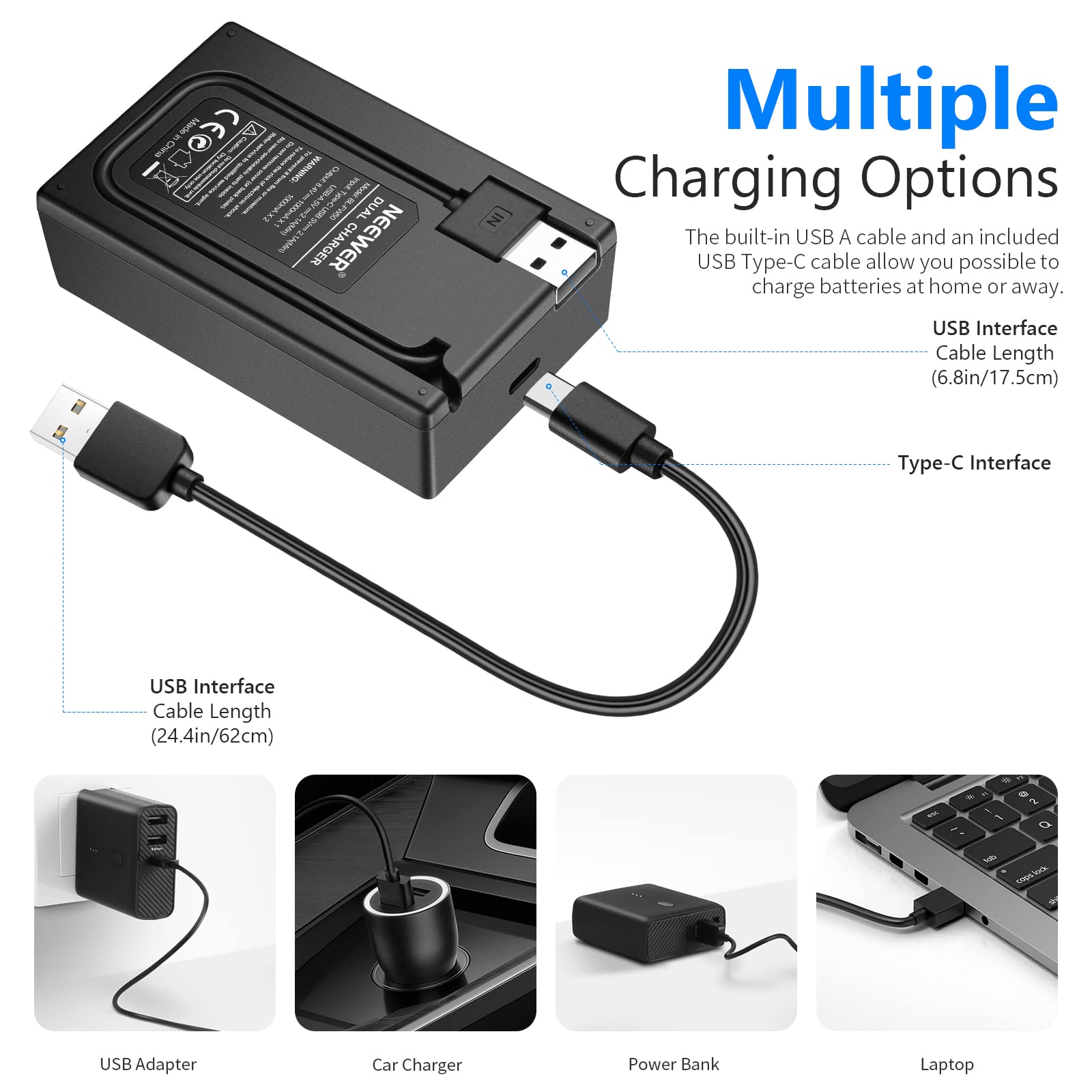 NEEWER NP-FZ100 Replacement Battery Charger Kit, Compatible with Sony a7IV, a1, a9II, a9, a7SIII, a7RIV, a7RIII, a7III, 2 Packs Li-ION 2280mAh Batteries, Dual USB Charger with LCD Display