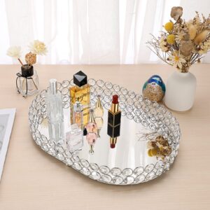 Hipiwe Crystal Vanity Tray, Mirrored Dresser Perfume Trays for Makeup Tray Cosmetic Skin Care Storage, Jewelry Trinket Organizer Tray for Bathroom Countertop Home Decor, Large