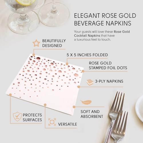 Stylish Rose Gold Napkins -Disposable Rose Gold Cocktail Napkins - 100 Rose Gold Napkins for Party - 5x5 Inch Rose Gold Napkins for Wedding - 3- Ply Rose Gold Paper Napkins- Rose Gold Dessert Napkins