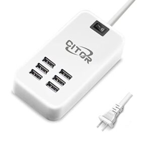 multi usb charger, 6 port usb charging station for multiple devices, phone, tablet, power strip with on/off switch (white)