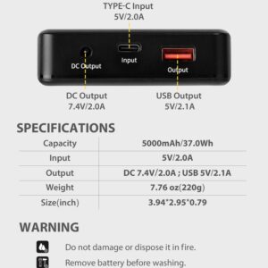 PTAHDUS 7.4 V Battery Pack with Charger Rechargeable Battery Power Bank 5000mAh for Heated Jackets, Heated Hoodies and Heated Vests