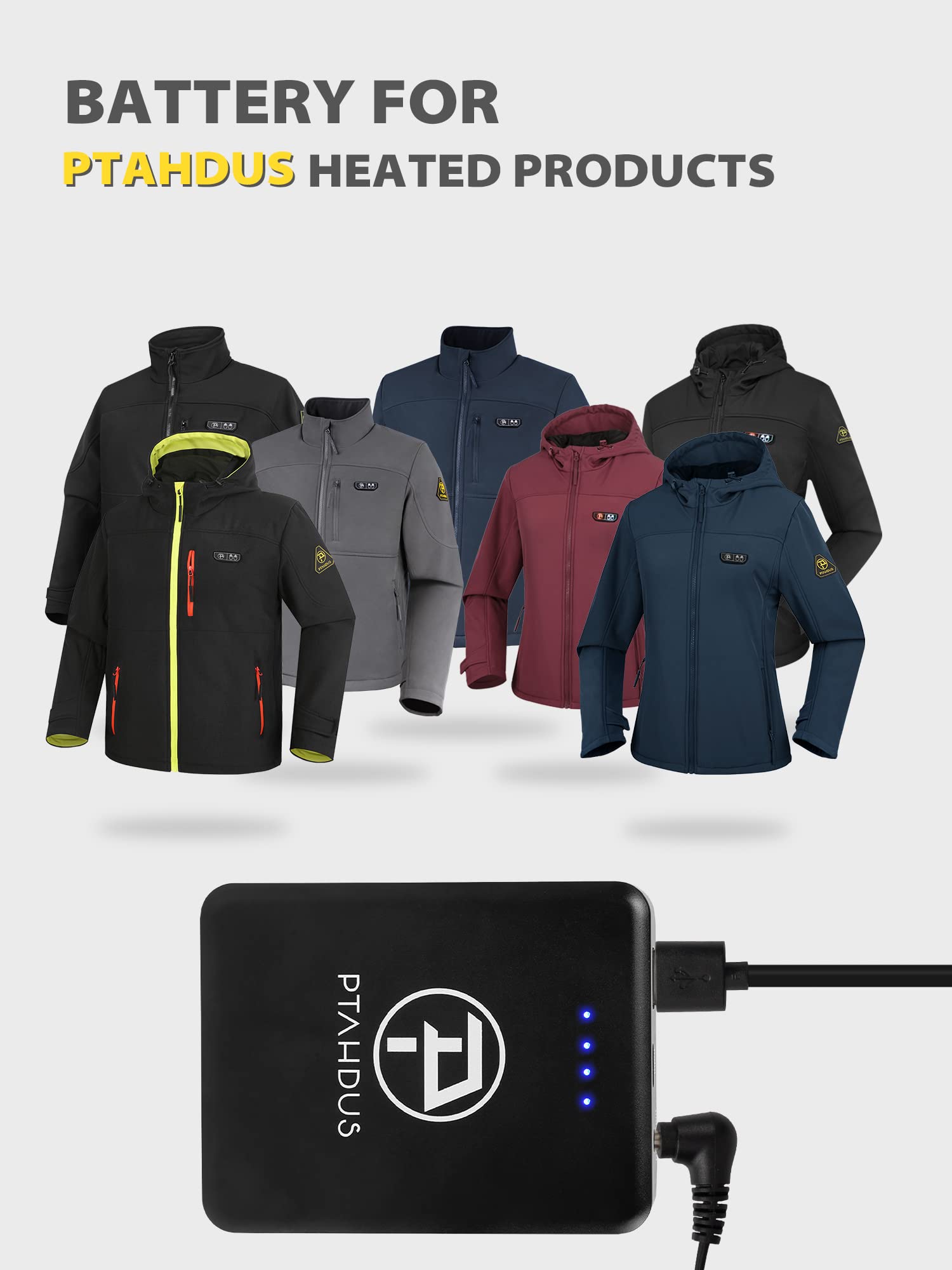 PTAHDUS 7.4 V Battery Pack with Charger Rechargeable Battery Power Bank 5000mAh for Heated Jackets, Heated Hoodies and Heated Vests