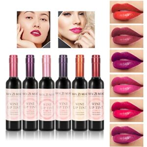 6 colors wine lip tint set, matte lip stain long lasting waterproof liquor bottle lip gloss gift set, silky smooth lightness non-stick lipstick for women (wine matte lip tint set)