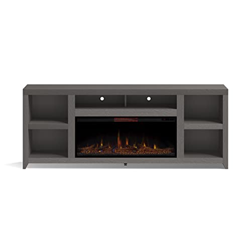 Bridgevine Home Driftwood Fireplace TV Console, 84 inches, Accommodates TVs up to 95 inches, Fully Assembled, Wire Brushed Oak Solid Wood, Driftwood Finish