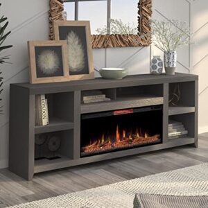 Bridgevine Home Driftwood Fireplace TV Console, 84 inches, Accommodates TVs up to 95 inches, Fully Assembled, Wire Brushed Oak Solid Wood, Driftwood Finish