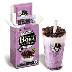 J WAY Instant Boba Bubble Pearl Taro Milk Tea Kit with Authentic Brown Sugar Tapioca Boba, Ready in Under One Minute, Paper Straws Included - 3 Servings