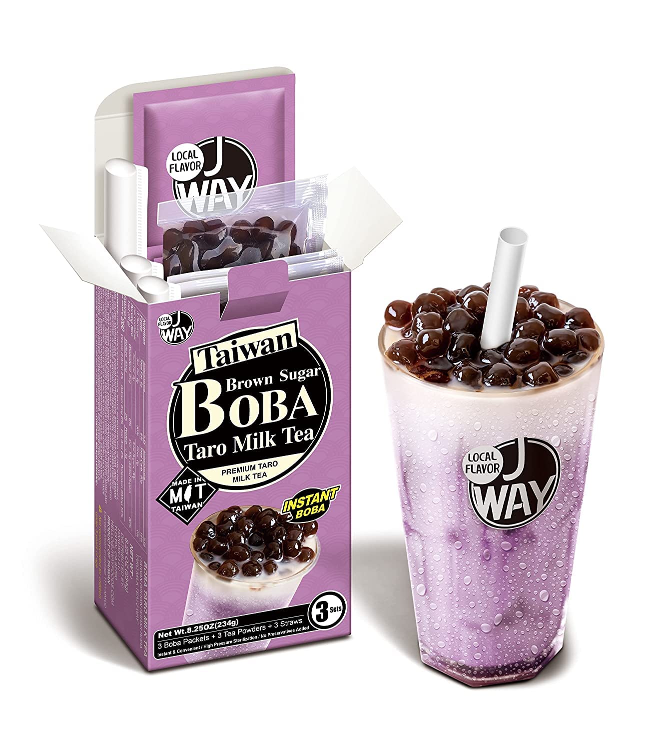 J WAY Instant Boba Bubble Pearl Taro Milk Tea Kit with Authentic Brown Sugar Tapioca Boba, Ready in Under One Minute, Paper Straws Included - 3 Servings