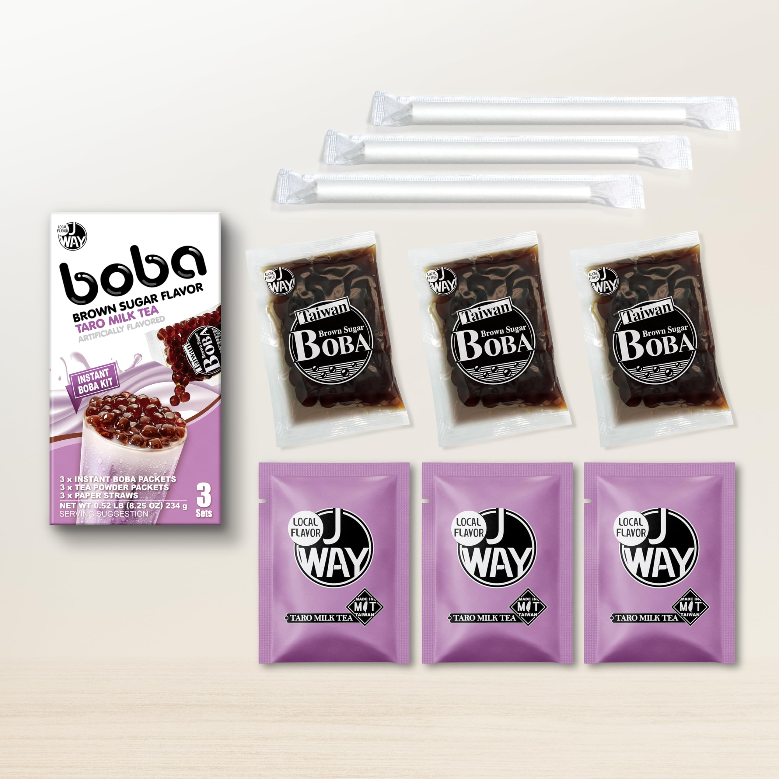 J WAY Instant Boba Bubble Pearl Taro Milk Tea Kit with Authentic Brown Sugar Tapioca Boba, Ready in Under One Minute, Paper Straws Included - 3 Servings