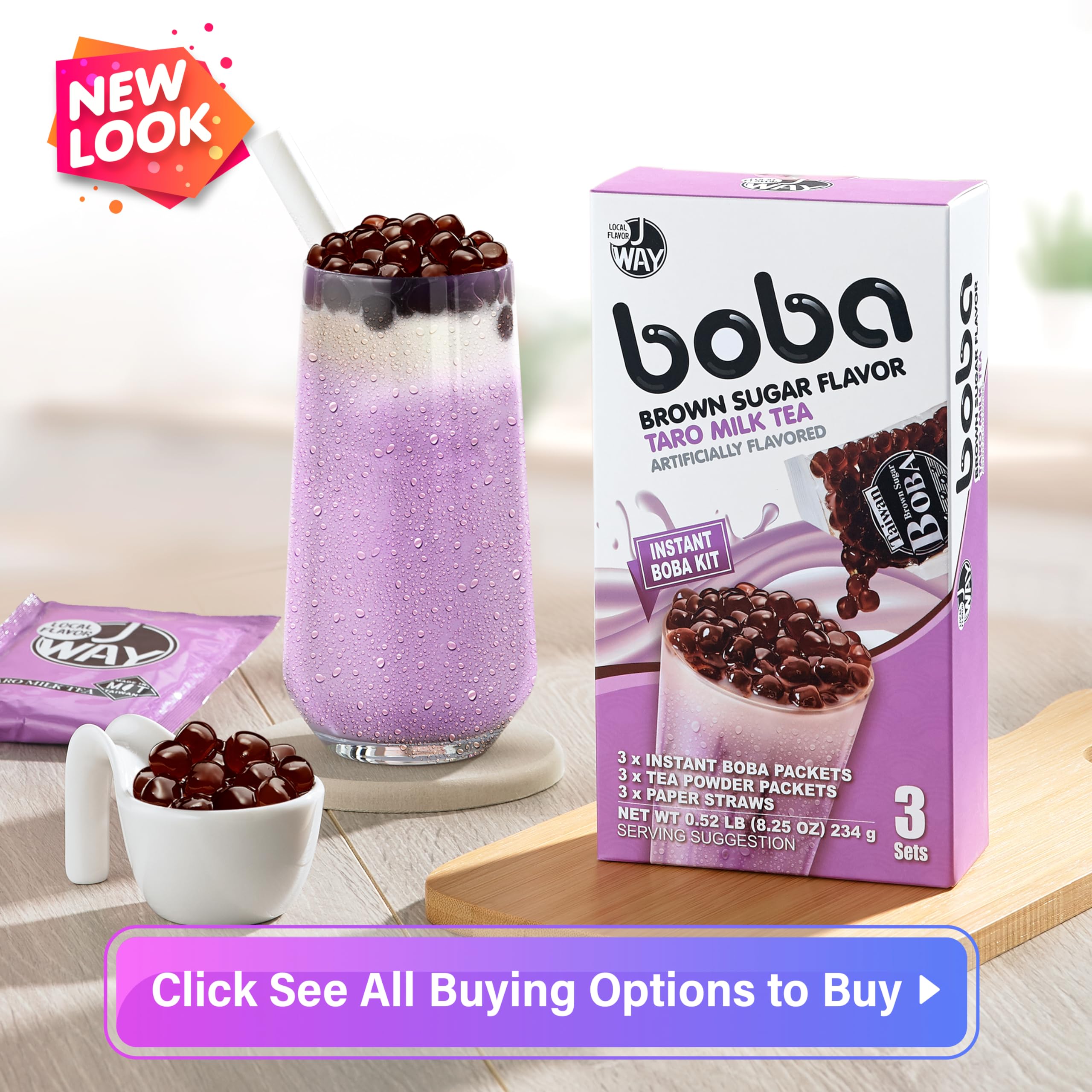 J WAY Instant Boba Bubble Pearl Taro Milk Tea Kit with Authentic Brown Sugar Tapioca Boba, Ready in Under One Minute, Paper Straws Included - 3 Servings