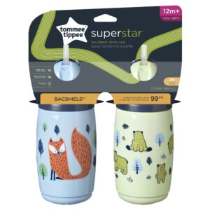 Tommee Tippee Superstar Straw Insulated Sippy Cup for Toddlers, INTELLIVALVE Leak-Proof & Shake-Proof (9oz, 12+ Months, 2 Count), Blue and Green