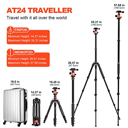 GEEKOTO Horizontal Tripod, 76 Inch Aluminum Camera Tripod Monopod with 360 Degree Rotatable Center Column and Ball Head, Professional Tripod with Quick Release Plate, Carry Bag