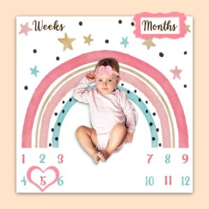 phmojen colorful rainbow baby monthly milestone blanket, girl crown star pattern, newborns 1 to 12 months unisex include 4 frames and 1 headband 47"x47" btlsph634