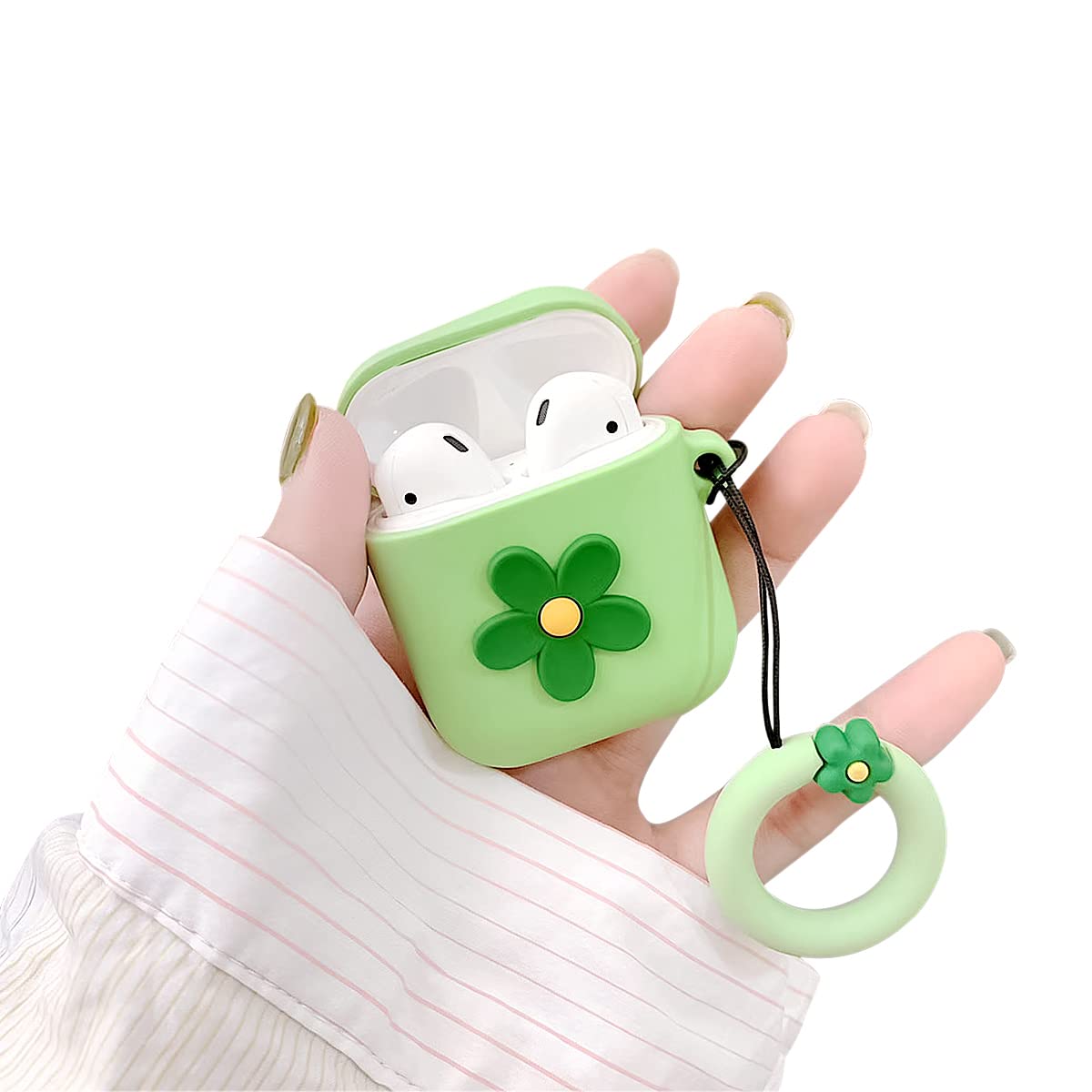 Ownest Compatible for AirPods Case Cute Cartoon Flower Pattern Girls Woman Soft Silicone Shockproof Keychain Design Cover for Airpods 1 &2-Green