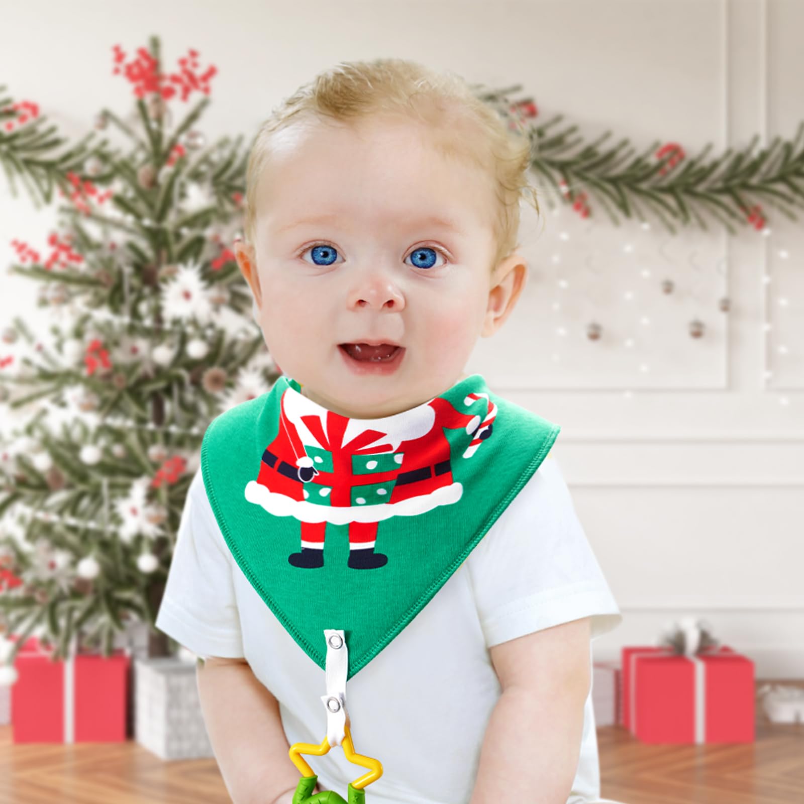 Baby Bandana Drool Bibs,Christmas Bibs for Boys and Girls by Super Absorbent Bandana Drool Bibs,Teething Toys Bibs Organic Cotton Baby Bibs for Infant Set of 4 with Two Teething Toys-Snowman,Santa