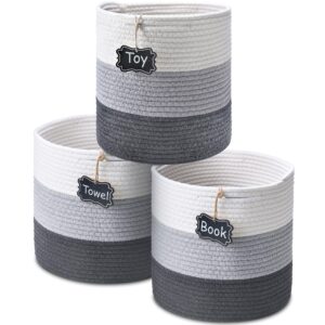 ipow 3 pack 11” x 11” x 11”cotton rope storage baskets, woven organizer organization bins, decorative collapsible cube with 3 tags for shelves, baby nursery laundry, toys, towels, blankets