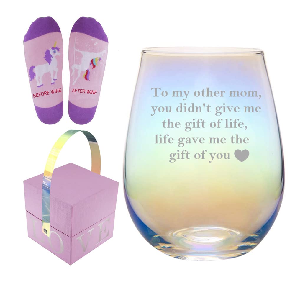 Mothers Day Gifts for Bonus Mom, To My Other Mom, Life Gave Me the Gift of You Rainbow Wine Glass, Mothers Day Gifts for Bonus Mom