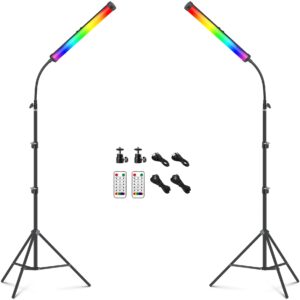 2 pack rgb led video light wand kit, qeuooiy 360° full color 2500-9500k led photography lighting sticks with 32-77.6" tripod, 5000mah rechargeable battery &magnet with gooseneck soft tube for youtube