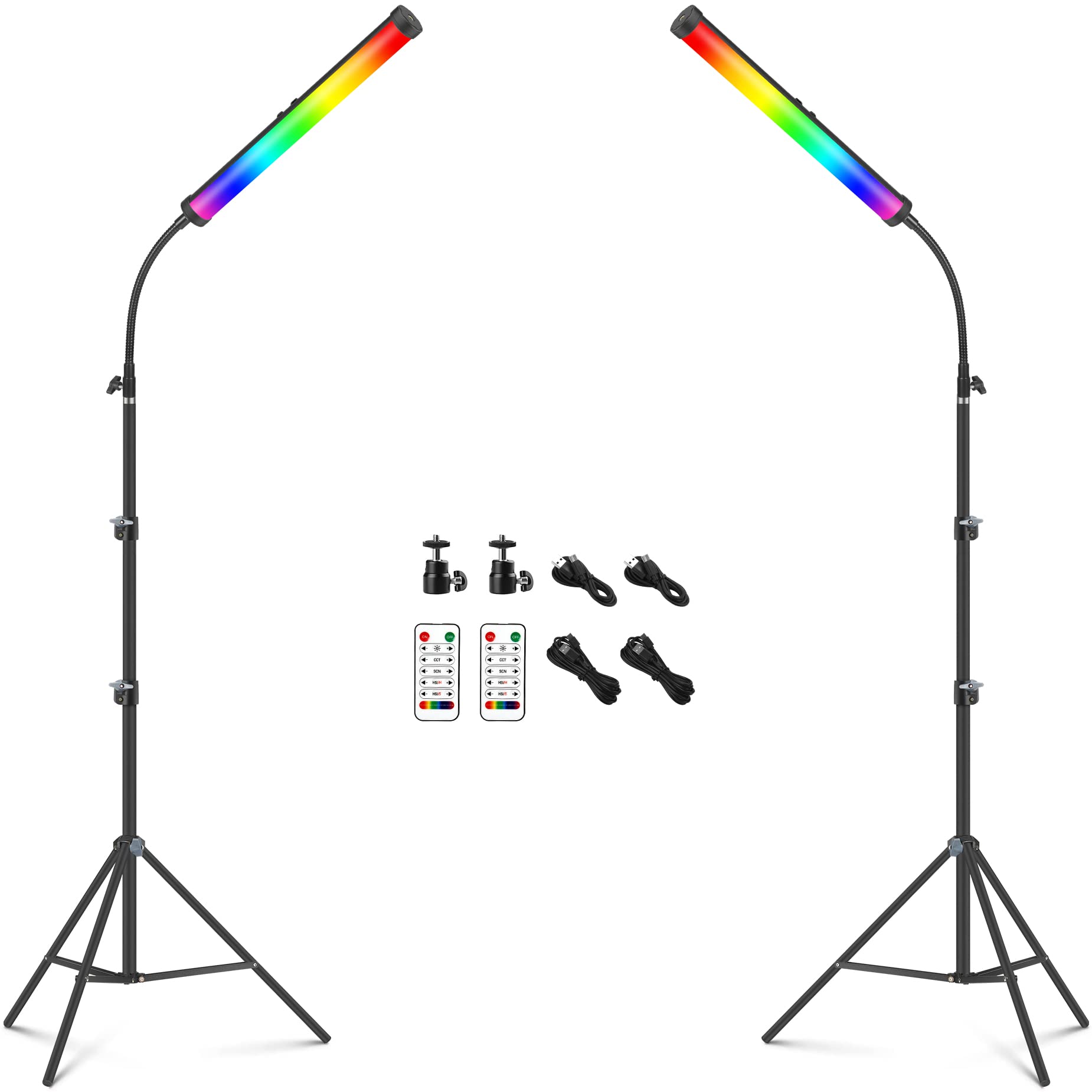 2 Pack RGB LED Video Light Wand Kit, QEUOOIY 360° Full Color 2500-9500K Led Photography Lighting Sticks with 32-77.6" Tripod, 5000mAh Rechargeable Battery &Magnet with Gooseneck Soft Tube for YouTube