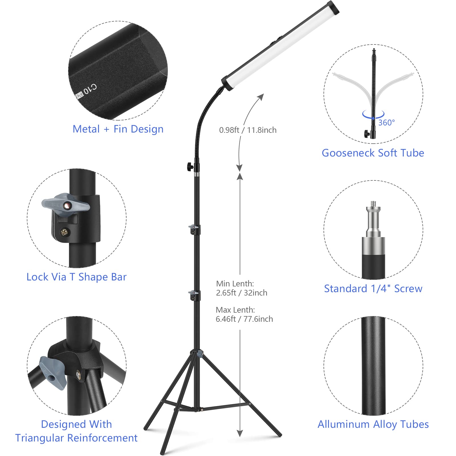 2 Pack RGB LED Video Light Wand Kit, QEUOOIY 360° Full Color 2500-9500K Led Photography Lighting Sticks with 32-77.6" Tripod, 5000mAh Rechargeable Battery &Magnet with Gooseneck Soft Tube for YouTube