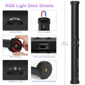 2 Pack RGB LED Video Light Wand Kit, QEUOOIY 360° Full Color 2500-9500K Led Photography Lighting Sticks with 32-77.6" Tripod, 5000mAh Rechargeable Battery &Magnet with Gooseneck Soft Tube for YouTube