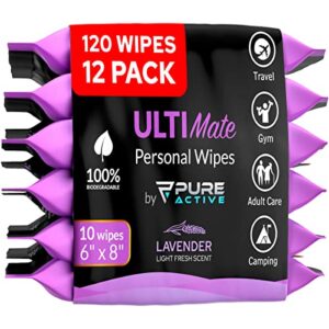 body wipes for women - 12 pack - 120 extra thick deodorant wipes - rinse-free lavender body wipes - wet wipes for body and face (120 wipes 6" x 8", lavender)