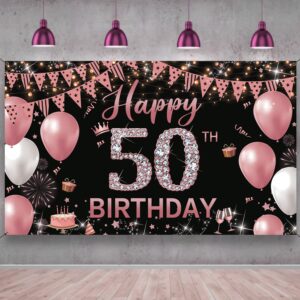 50th birthday decorations backdrop banner for women, happy 50th birthday decorations women, rose gold 50 years old birthday photo props, fifty birthday party poster backdrop fabric 6.1ft x 3.6ft phxey