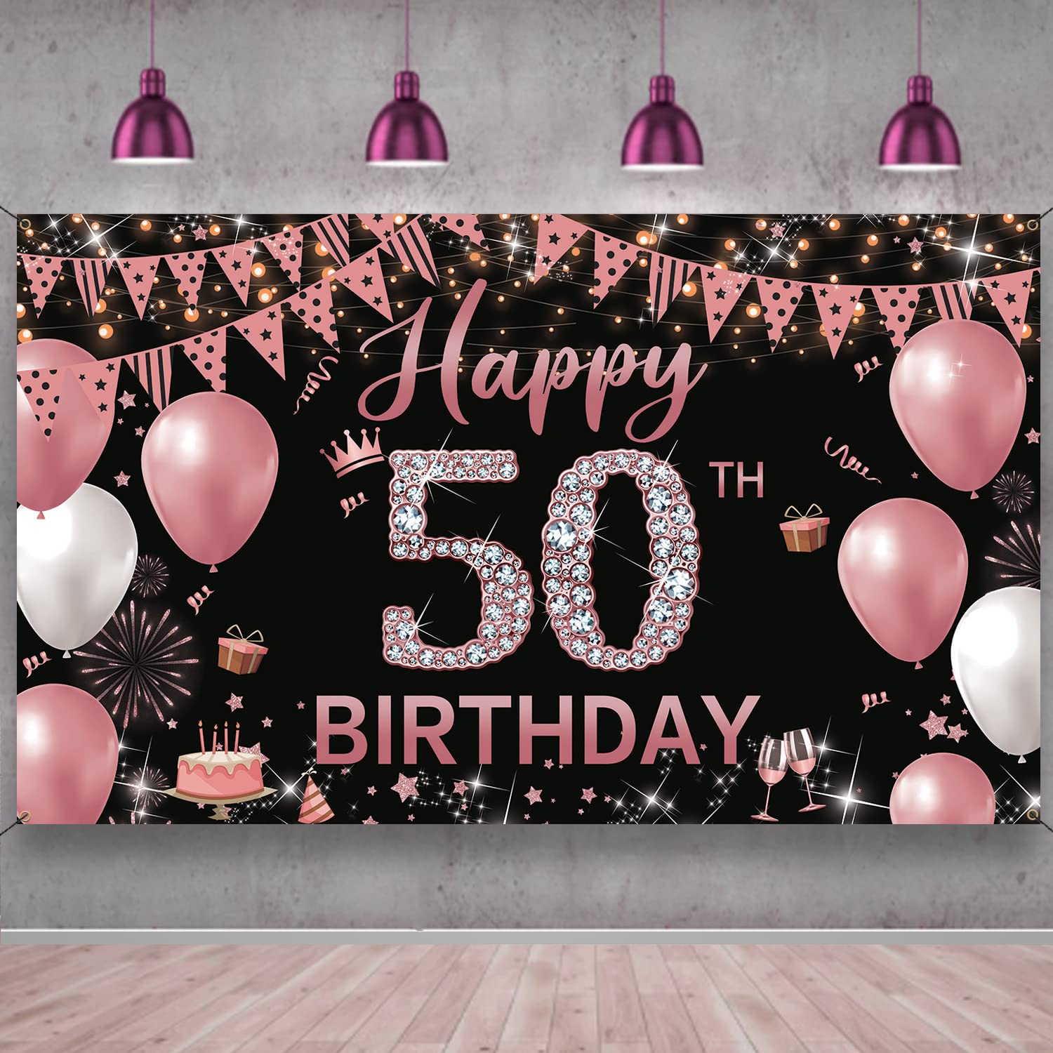 50th Birthday Decorations Backdrop Banner for Women, Happy 50th Birthday Decorations Women, Rose Gold 50 Years Old Birthday Photo Props, Fifty Birthday Party Poster Backdrop Fabric 6.1ft x 3.6ft PHXEY