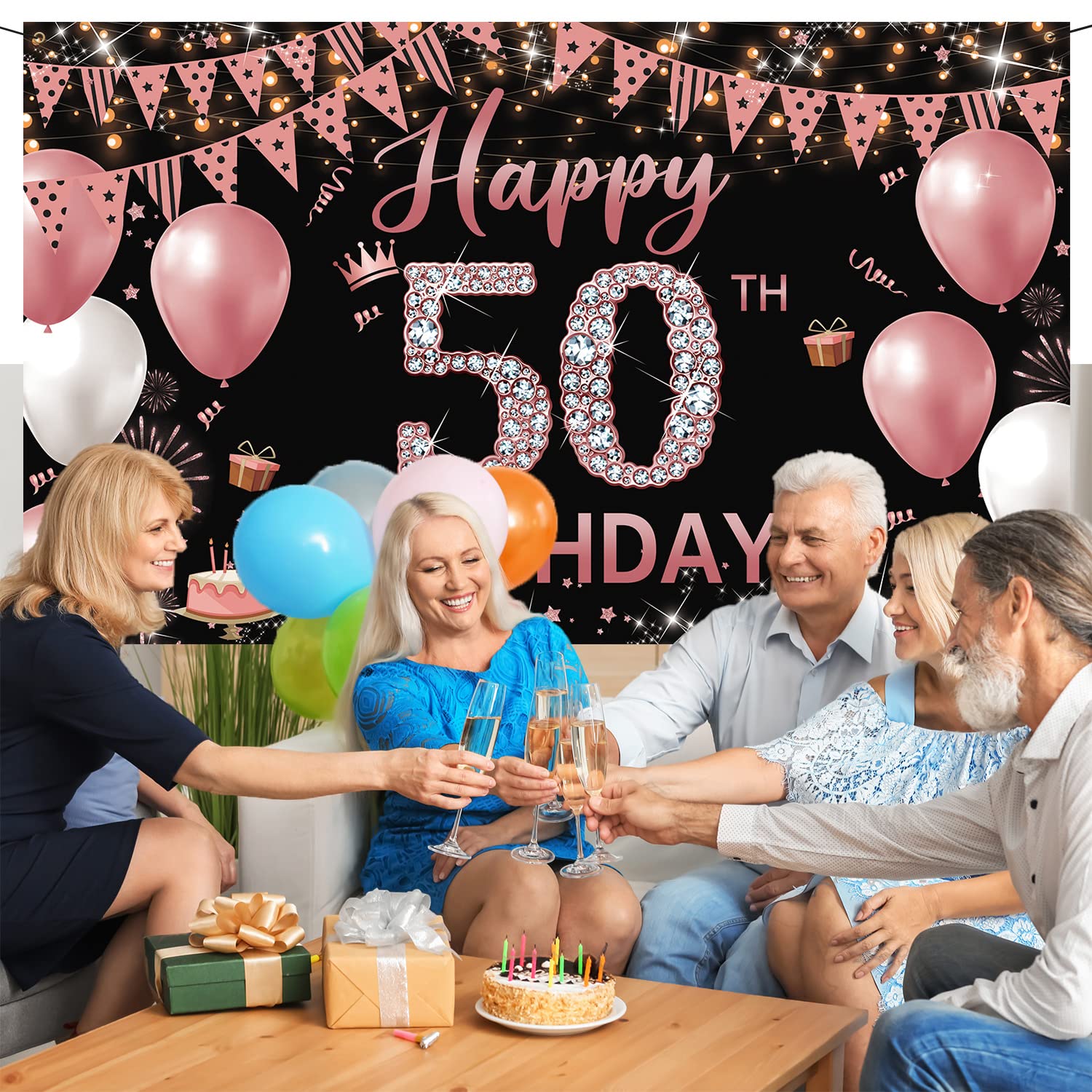 50th Birthday Decorations Backdrop Banner for Women, Happy 50th Birthday Decorations Women, Rose Gold 50 Years Old Birthday Photo Props, Fifty Birthday Party Poster Backdrop Fabric 6.1ft x 3.6ft PHXEY