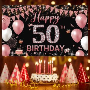 50th Birthday Decorations Backdrop Banner for Women, Happy 50th Birthday Decorations Women, Rose Gold 50 Years Old Birthday Photo Props, Fifty Birthday Party Poster Backdrop Fabric 6.1ft x 3.6ft PHXEY