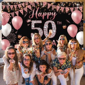 50th Birthday Decorations Backdrop Banner for Women, Happy 50th Birthday Decorations Women, Rose Gold 50 Years Old Birthday Photo Props, Fifty Birthday Party Poster Backdrop Fabric 6.1ft x 3.6ft PHXEY