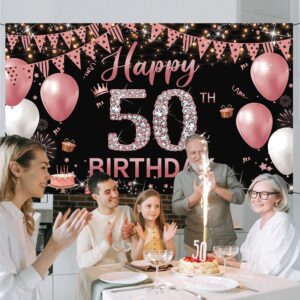 50th Birthday Decorations Backdrop Banner for Women, Happy 50th Birthday Decorations Women, Rose Gold 50 Years Old Birthday Photo Props, Fifty Birthday Party Poster Backdrop Fabric 6.1ft x 3.6ft PHXEY