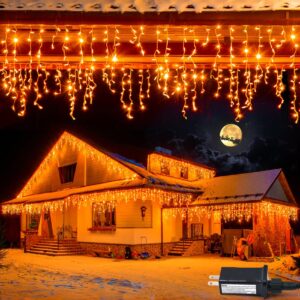 jmexsuss 400 led halloween decor orange lights outdoor, 8 modes orange icicle lights indoor outdoor waterproof with remote, orange halloween string lights plug in for halloween room party holiday