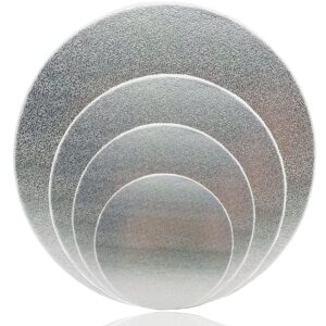 myyzmy 4 pack cake boards, 6, 8, 10, 12 inch round cake circles, cake base cardboards 1 of each size for cake decorating, silver