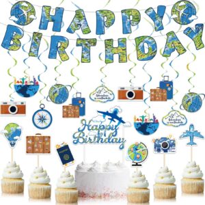 zonon 38 pieces travel theme birthday party decorations the place you'll go birthday banner let the adventure begin hanging swirls bon voyage cake toppers for birthday baby shower party supplies