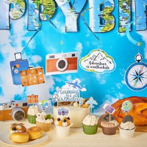 Zonon 38 Pieces Travel Theme Birthday Party Decorations The Place You'll Go Birthday Banner Let The Adventure Begin Hanging Swirls Bon Voyage Cake Toppers for Birthday Baby Shower Party Supplies