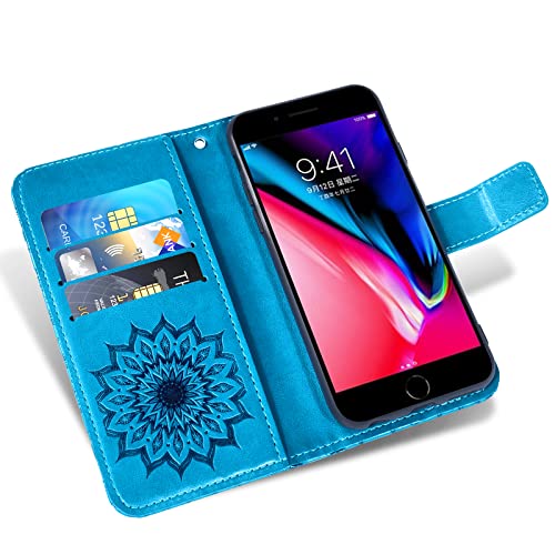 Phone Case for iPhone 7plus 8plus 7/8 Plus Wallet Cases with Tempered Glass Screen Protector Leather Flip Cover Card Holder Stand Cell Accessories i Phone7s 7s + 7+ 8s 8+ Phones8 Women Men Blue