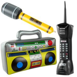 onlyfu inflatable radio boombox inflatable microphones mobile phone props for 80s 90s party decorations, hip hop theme birthday party supplies 3pcs inflatable props