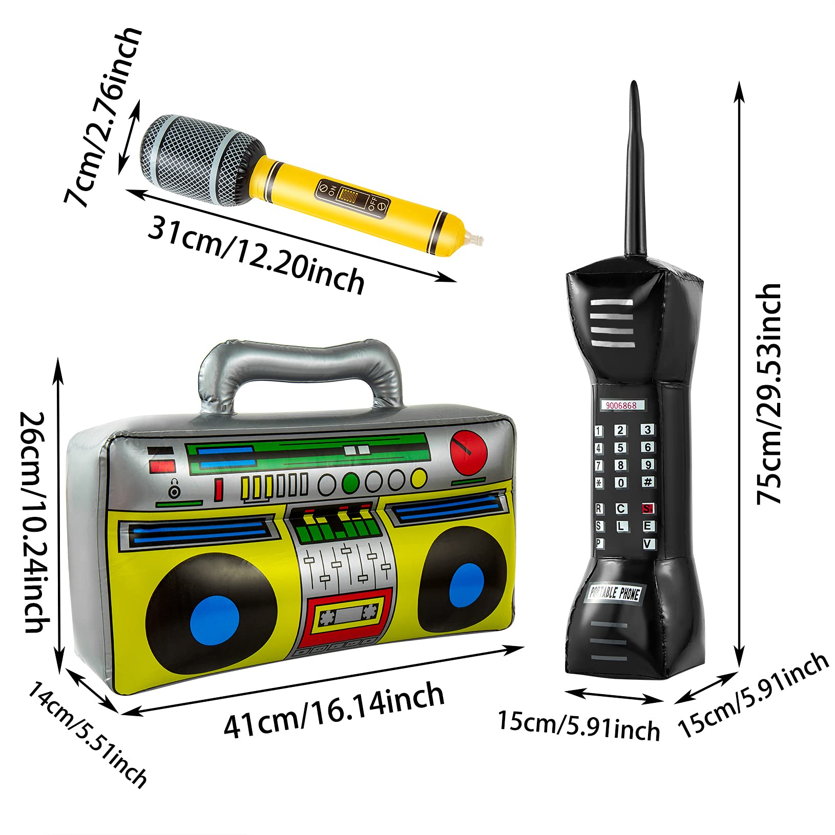 ONLYFU Inflatable Radio Boombox Inflatable Microphones Mobile Phone Props for 80s 90s Party Decorations, Hip Hop Theme Birthday Party Supplies 3pcs Inflatable Props