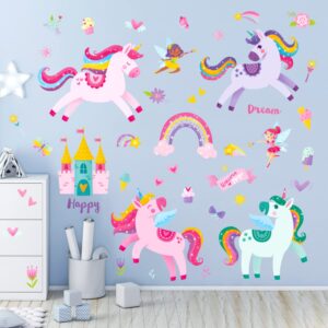 decowall ds9-2119 colorful unicorn wall stickers fairy rainbow kids quote decals removable for girls nursery bedroom living room art home decor decorations