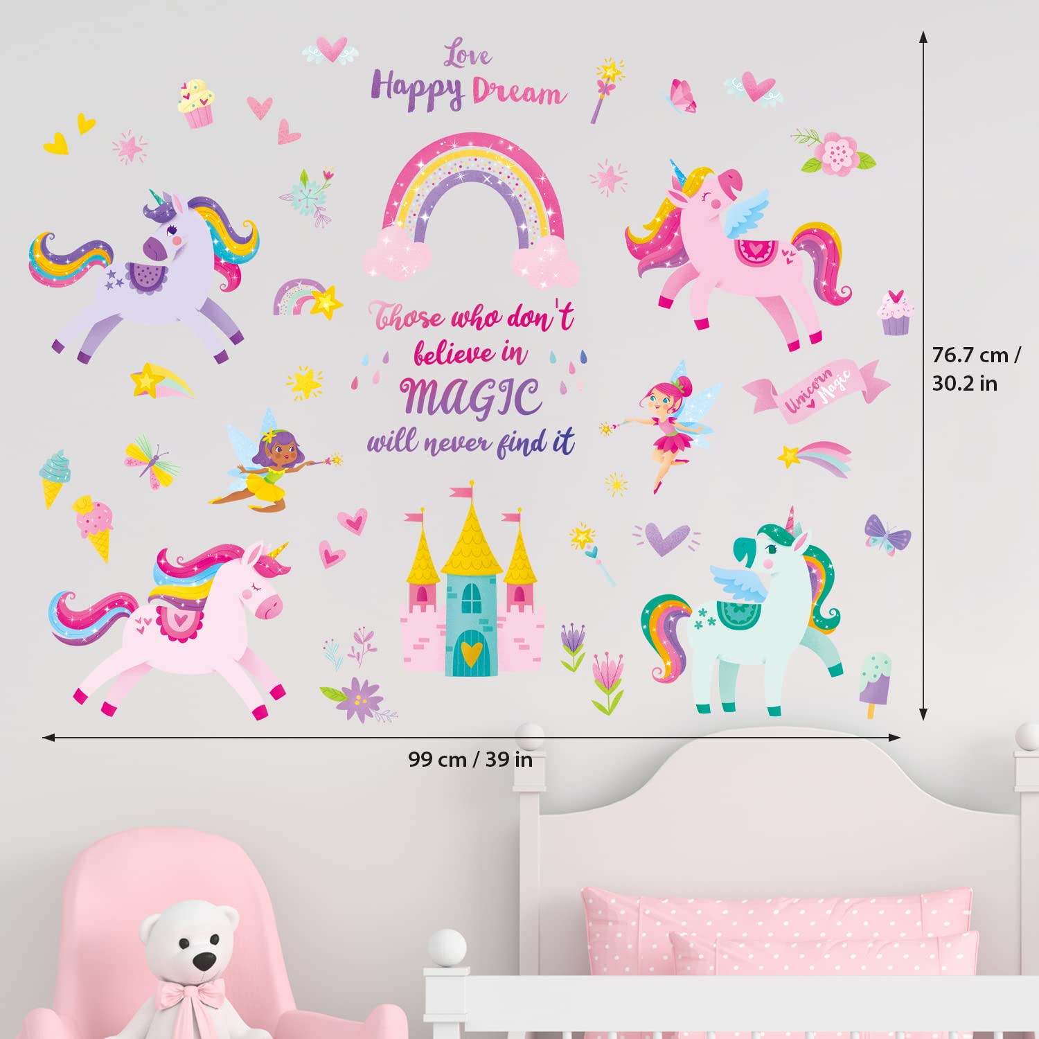 DECOWALL DS9-2119 Colorful Unicorn Wall Stickers Fairy Rainbow Kids Quote Decals Removable for Girls Nursery Bedroom Living Room Art Home Decor Decorations