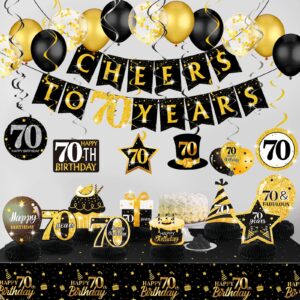 70th birthday party decorations for men cheers birthday banner black gold balloons hanging swirls honeycomb centerpieces and disposable tablecloth for men women 70th birthday decorations