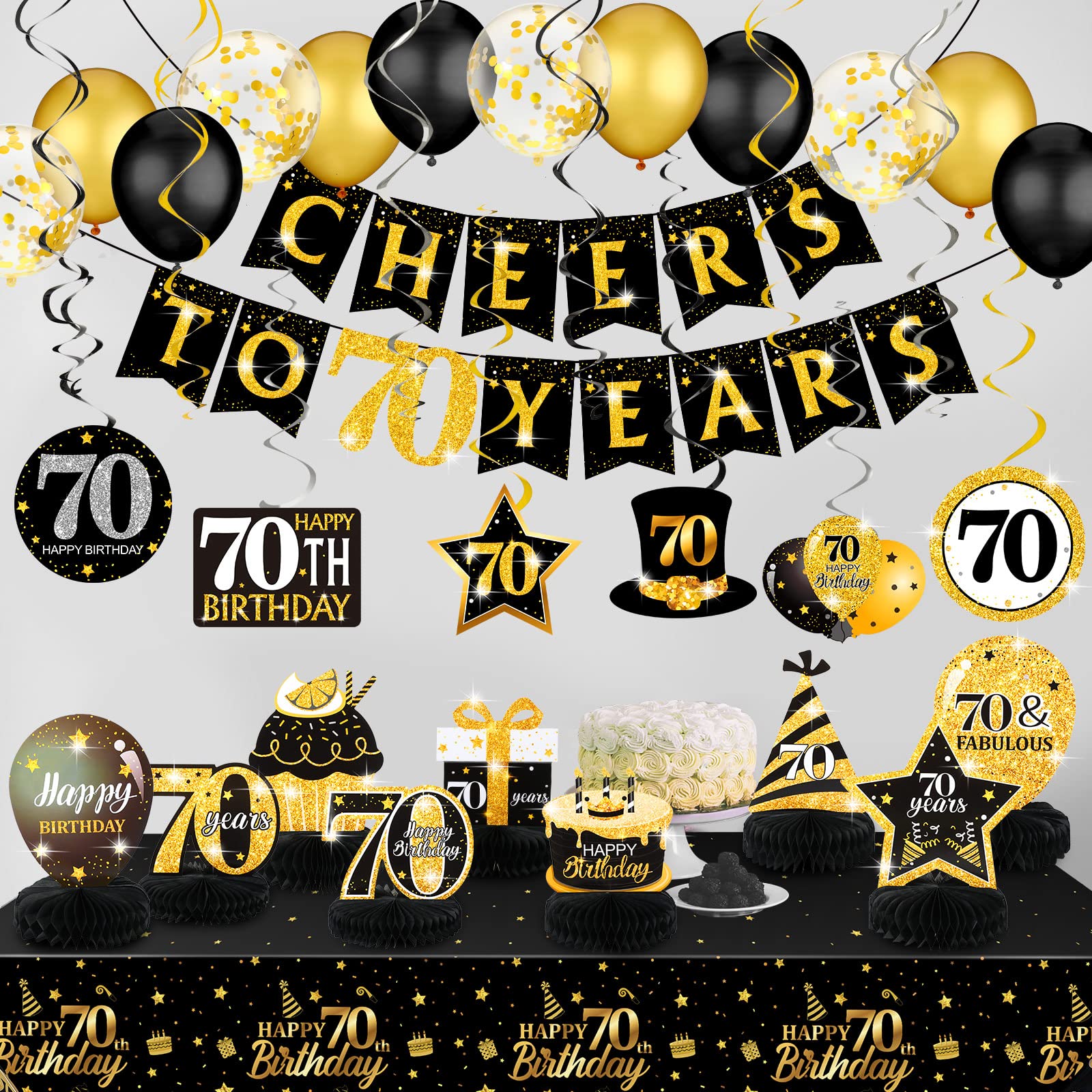 70th Birthday Party Decorations for Men Cheers Birthday Banner Black Gold Balloons Hanging Swirls Honeycomb Centerpieces and Disposable Tablecloth for Men Women 70th Birthday Decorations