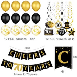 70th Birthday Party Decorations for Men Cheers Birthday Banner Black Gold Balloons Hanging Swirls Honeycomb Centerpieces and Disposable Tablecloth for Men Women 70th Birthday Decorations