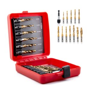 hidotol titanium combination drill and tap bits set with quick change adapter, 13 pc sae/metric screw taps, 3-in-1 bit tool for drilling, tapping and countersinking