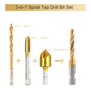 HIDOTOL Titanium Combination Drill and Tap Bits Set with Quick Change Adapter, 13 PC SAE/Metric Screw Taps, 3-in-1 Bit Tool for Drilling, Tapping and Countersinking