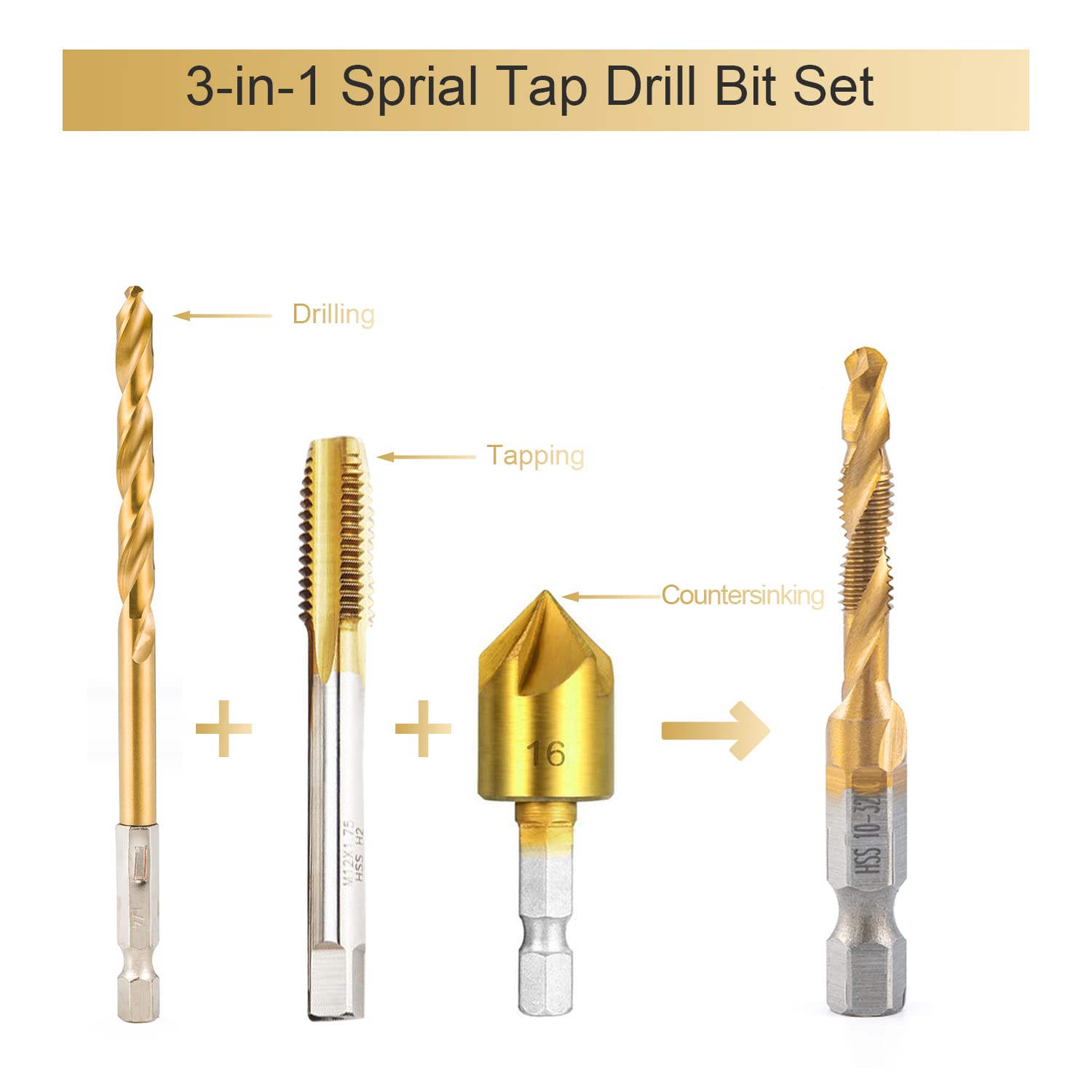 HIDOTOL Titanium Combination Drill and Tap Bits Set with Quick Change Adapter, 13 PC SAE/Metric Screw Taps, 3-in-1 Bit Tool for Drilling, Tapping and Countersinking