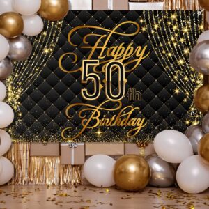 Happy 50th Birthday Banner Backdrop Royal Curtain Decorations Black Gold Background 50 Years Old Bday for Women Men Photography Party Decor Supplies