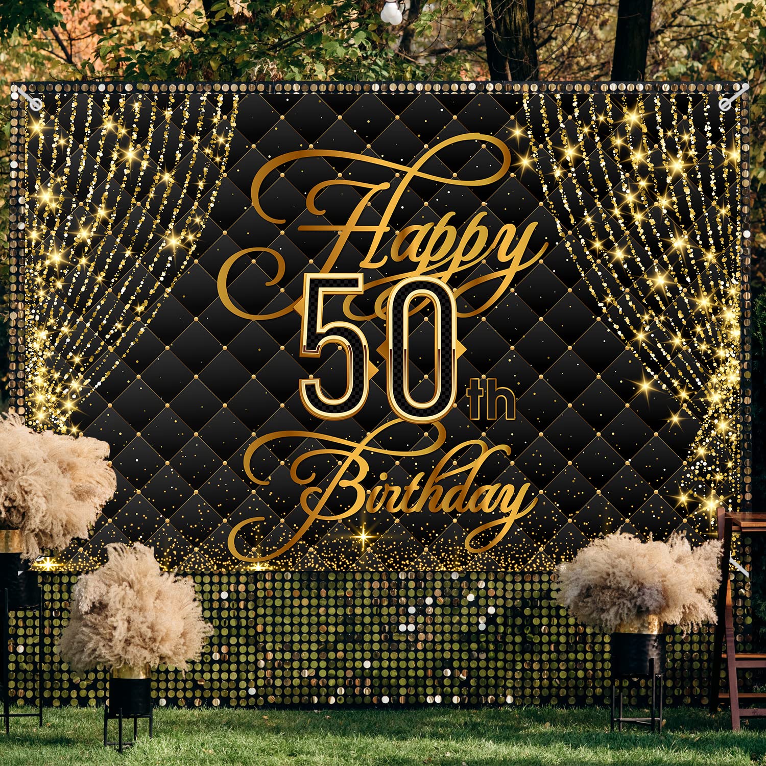 Happy 50th Birthday Banner Backdrop Royal Curtain Decorations Black Gold Background 50 Years Old Bday for Women Men Photography Party Decor Supplies